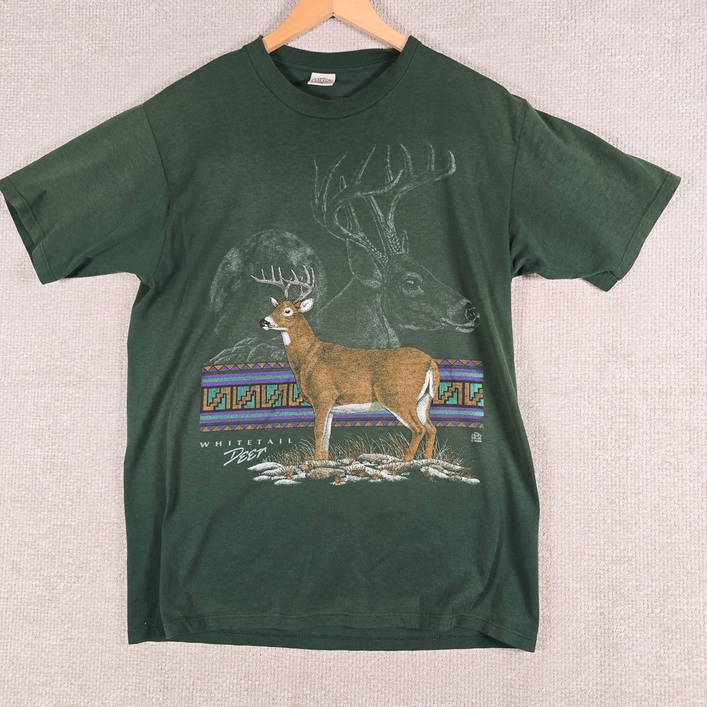 Vintage Cotton Grove Designs Whitetail Deer Graphic T-Shirt Mens Large Green USA